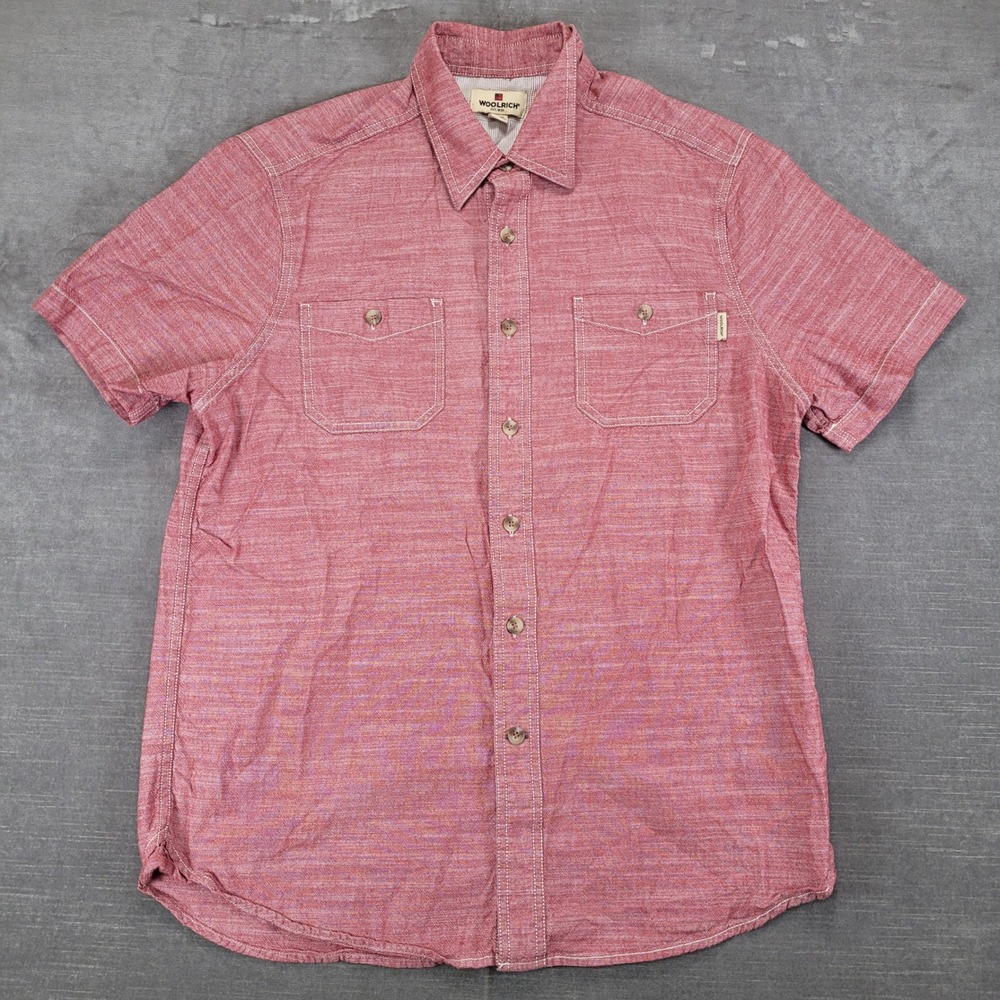 Woolrich Vintage Mens Short Sleeve Button Up Shirt Pocket Red Medium M
